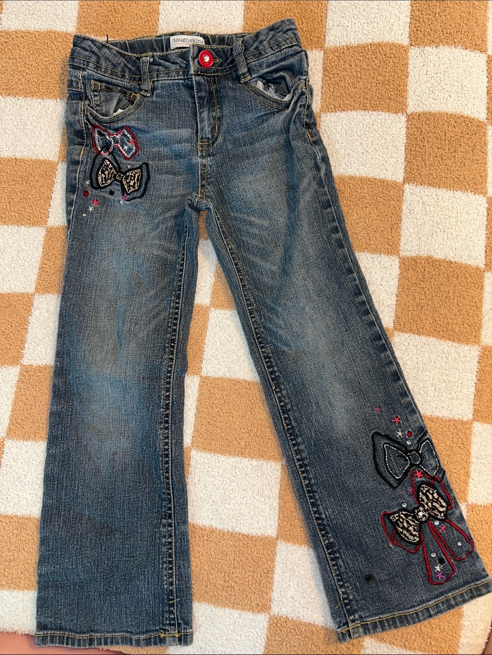 Toughskins Girls Blue Flare Jeans with Embroidered Bows (Y2K aesthetic)